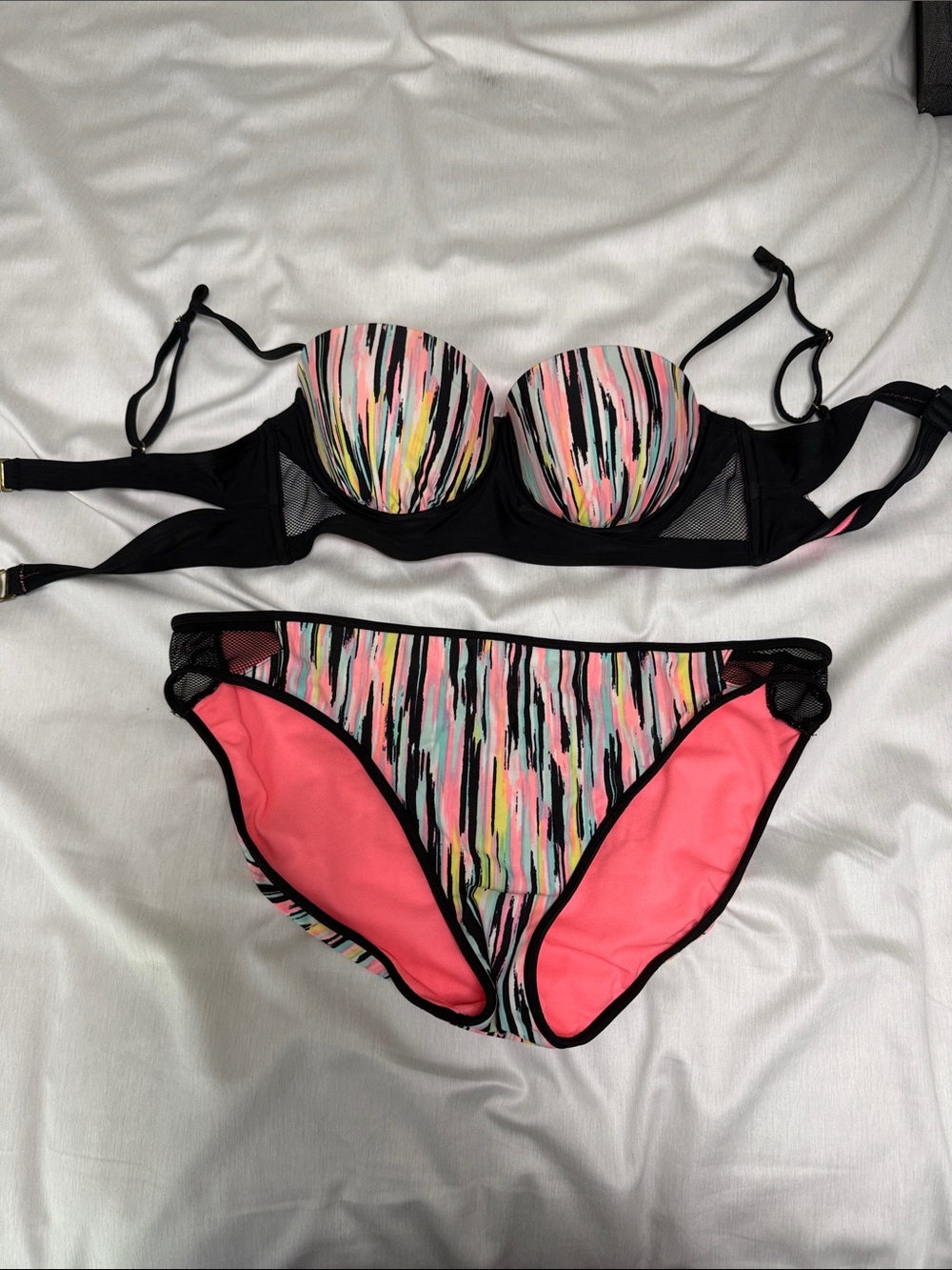 Xhilaration Neon Multi-Striped and Coral Push-Up Bikini Set